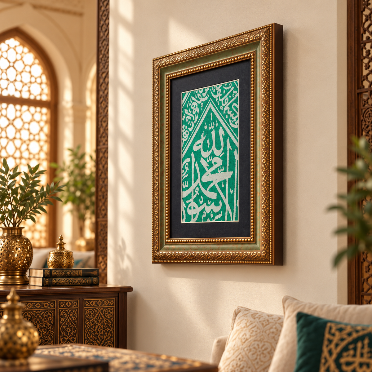 Green Color Authentic Frame İnternal Kaaba Cloth - İslamic Home Decor - Ramadan Decor