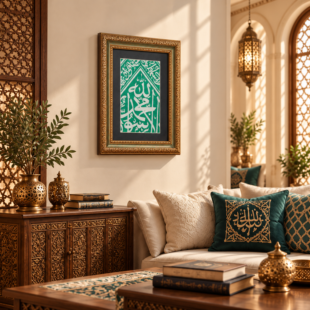 Green Color Authentic Frame İnternal Kaaba Cloth - İslamic Home Decor - Ramadan Decor