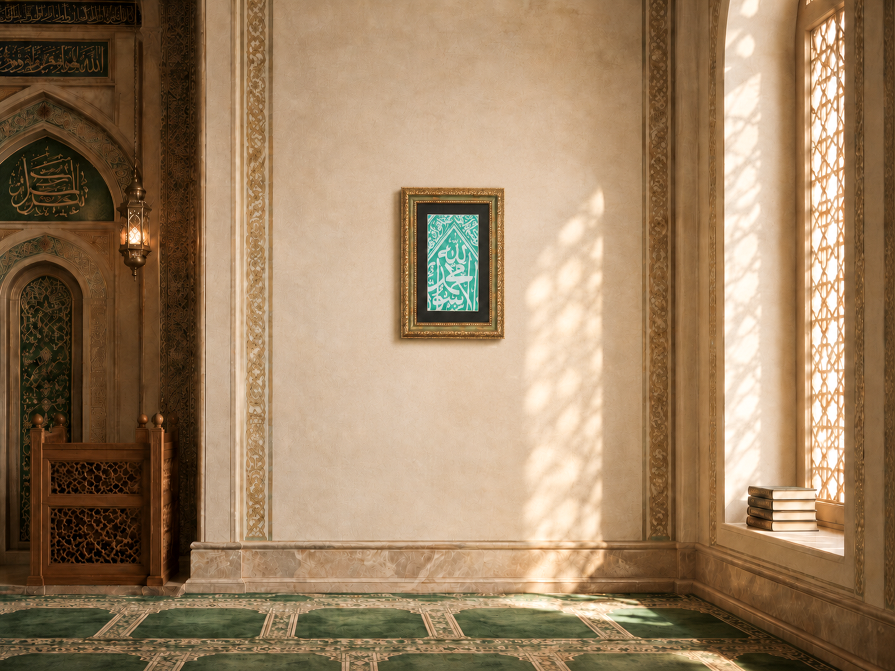 Green Color Authentic Frame İnternal Kaaba Cloth - İslamic Home Decor - Ramadan Decor