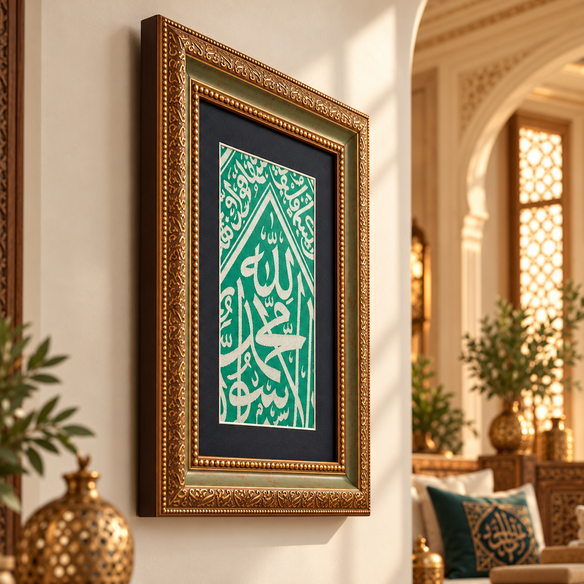 Green Color Authentic Frame İnternal Kaaba Cloth - İslamic Home Decor - Ramadan Decor